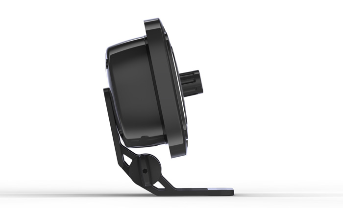 Sideview of a small black speaker.