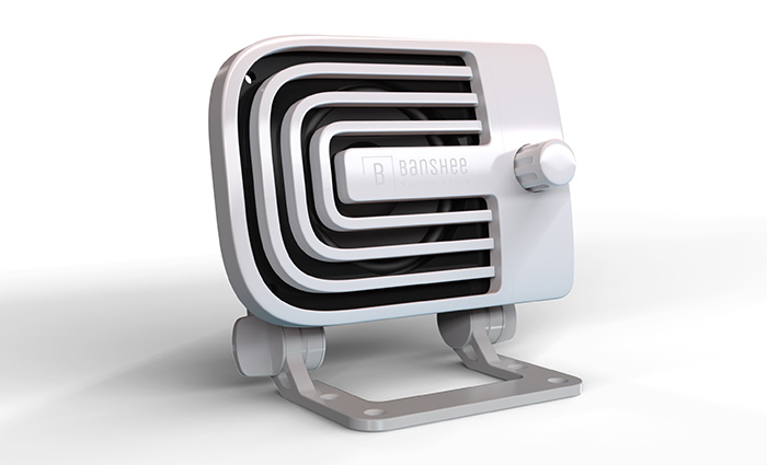 Front view of a white Banshee speaker.