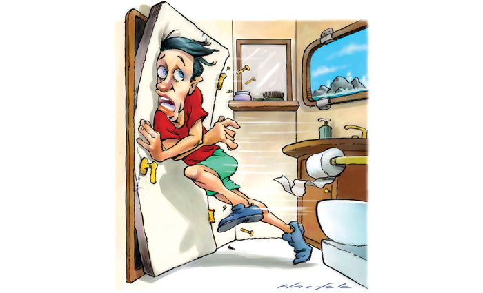 Illustration of a man wearing a red shirt and green shorts frantically closing the bathroom door.