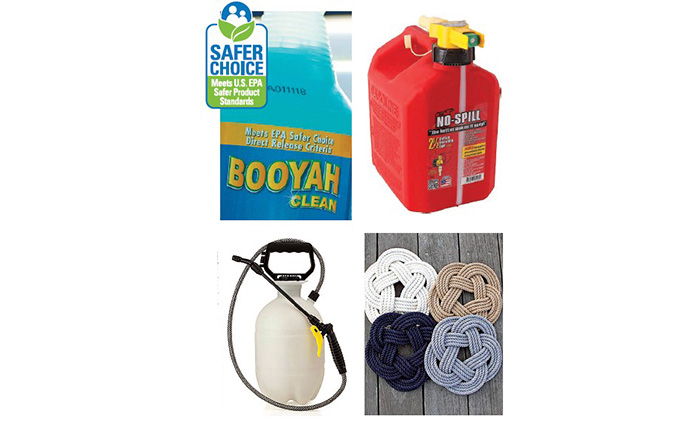 Four photos consisting of blue boat soap, a red gas tank, white garden sprayer with black nozzle and multi-color rope.