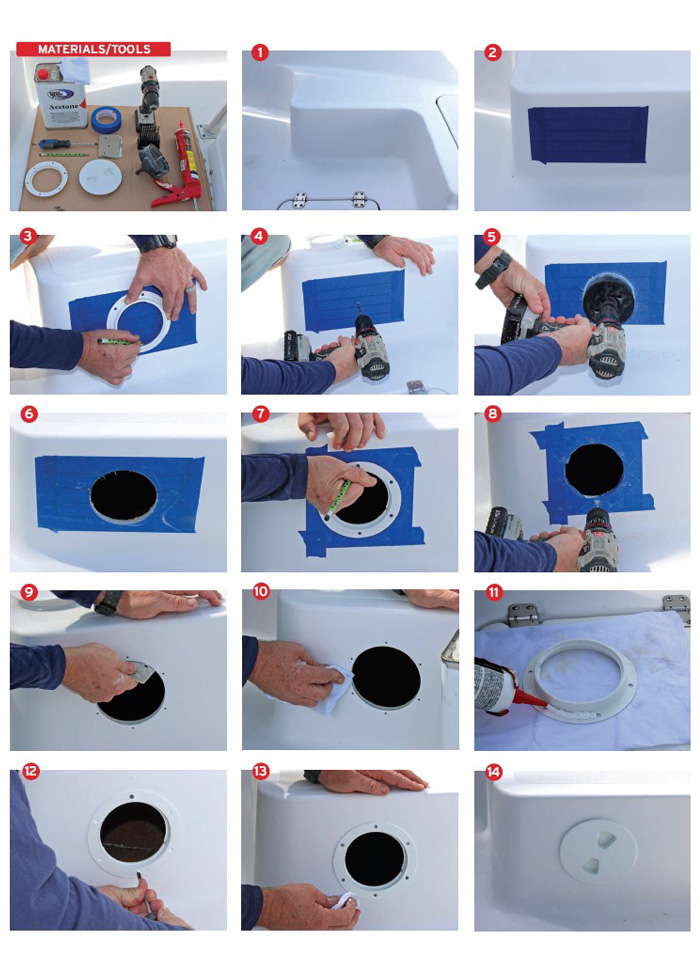 14 images displaying tools and steps to install a deck plate on a white boat.