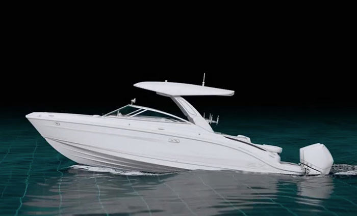 Model of a white vessel in water against a black background.