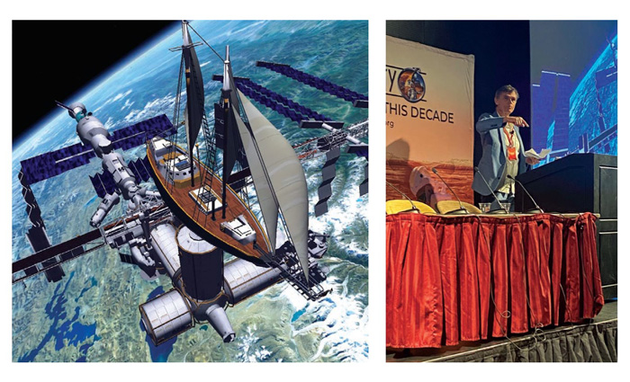Side-by-side images showing a space station in orbit and adult male standing at a podium giving a presentation.