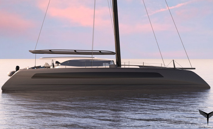 A modern white sailboat out at sea with large pink clouds in the background at sunset.