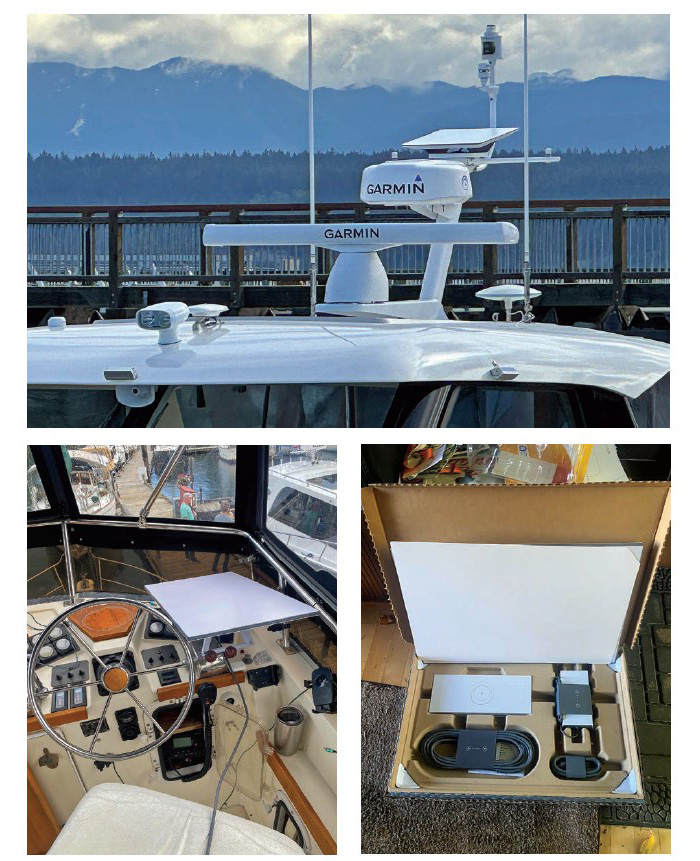 Three photos showing a mounted antenna on a boat, opened box displaying a white antenna kit and ariel view of a boats steering.
