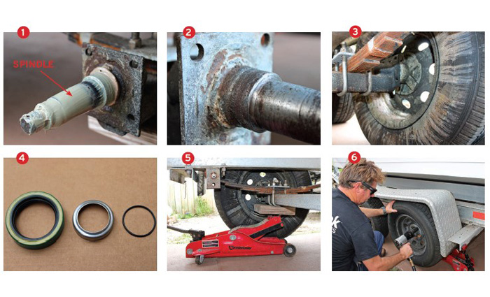 Six photos indicating steps 1-6 on how to fix a spindle sleeve on a boat trailer.