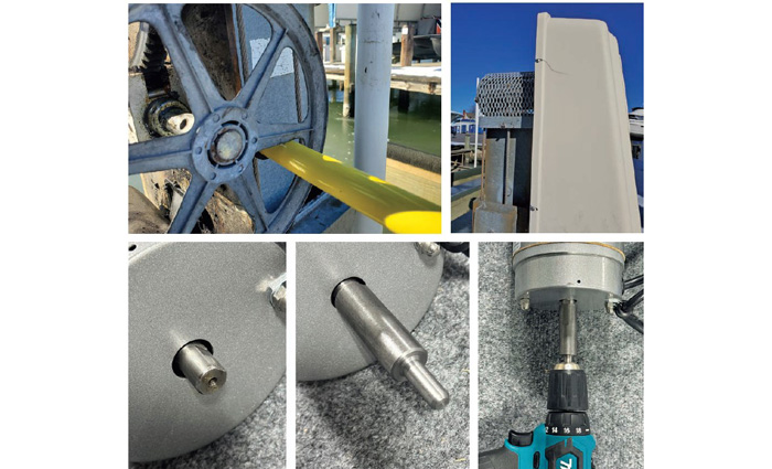 Five photos demonstrating various steps in repairing a boat lift.