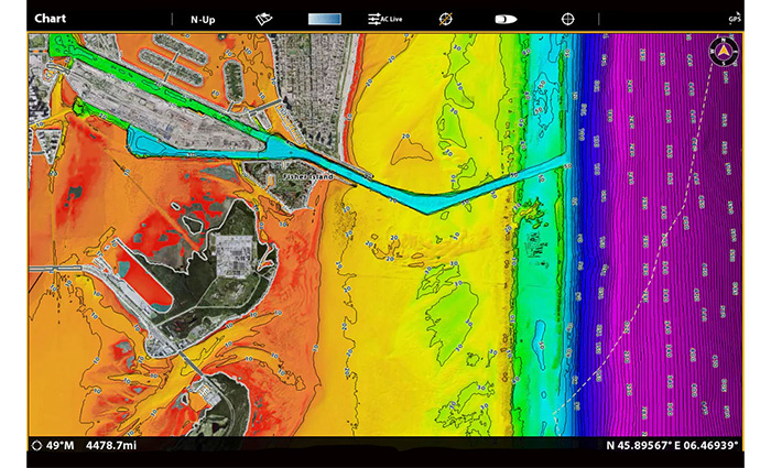 Multi-colored premium digital chart showcasing detailed data layers for information beneath a hull and potential hazards ahead.
