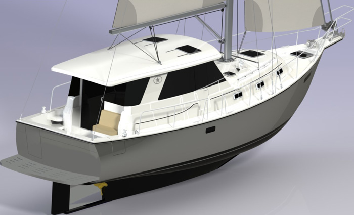 A 3-D model of a white sailboat.