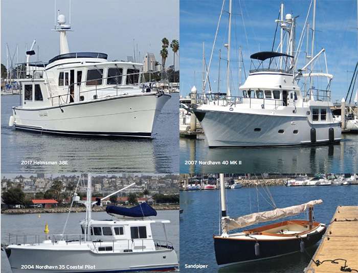 Four separate images consisting of three white boats and one blue and white sailboat on the water.