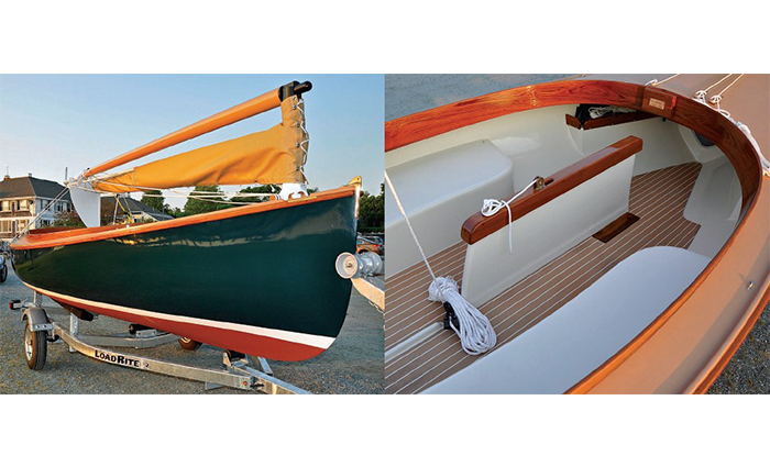 Two side-by-side images of a green, tan and white sailboat showcasing the vessels interior and exterior.