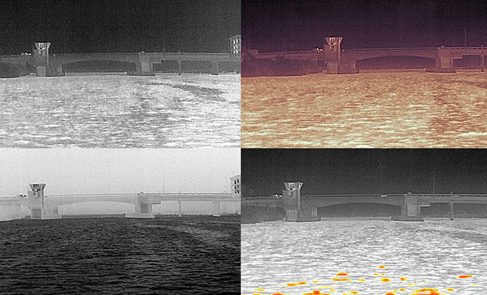 Four separate color palette views from thermal imaging.