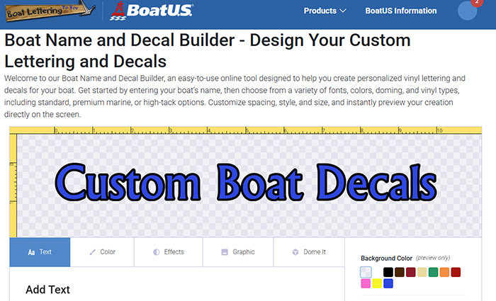 Screenshot of a custom boat decals webpage.