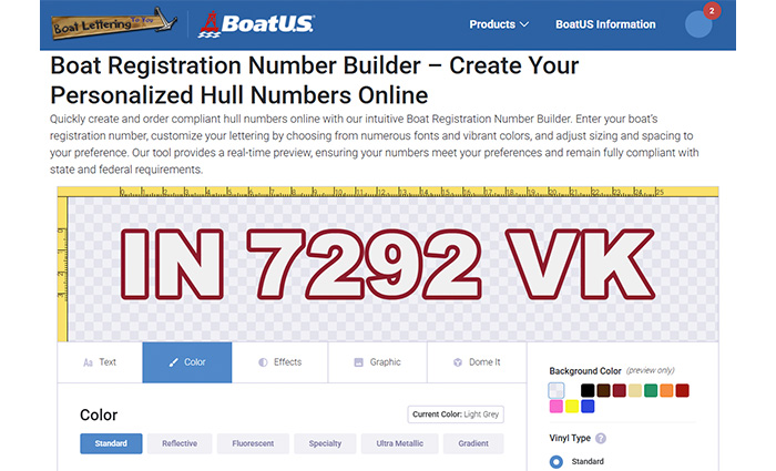 Screenshot of a BoatUS Boat Registration webpage.