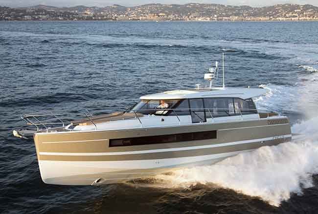 Aerial view of Jeanneau NC 14 powerboat underway 